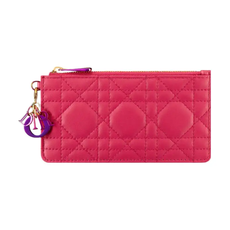 DIOR Lady Dior Zip Closure Cannage Lambskin Card Holder Small Women's Pink