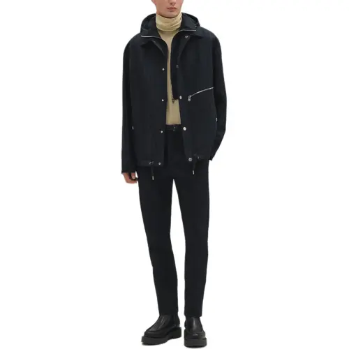 HERMES Coats Men's Marine Blue Detachable Hood Moderate Straight Fit