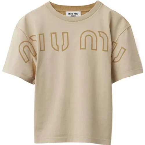 MIU MIU SS23 Drop Shoulder Sleeve T Shirt Women's Khaki