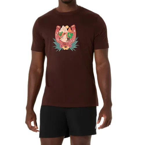 ASICS T Shirts Men's Multicolor Coffee Crew Neck Thin Straight Fit