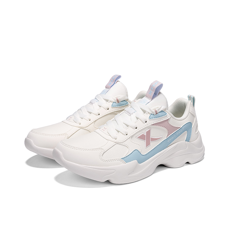 XTEP Synthetic Leather Cushioning, Wear Resistant Low top Casual Running Shoes Women’s Sail White Clear Blue Light Pink