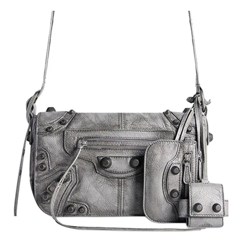 Balenciaga Le Cagole Front Zip Pocket Lambskin Flap Bag, Shoulder Bag, Crossbody Bag Mini Men's Gray