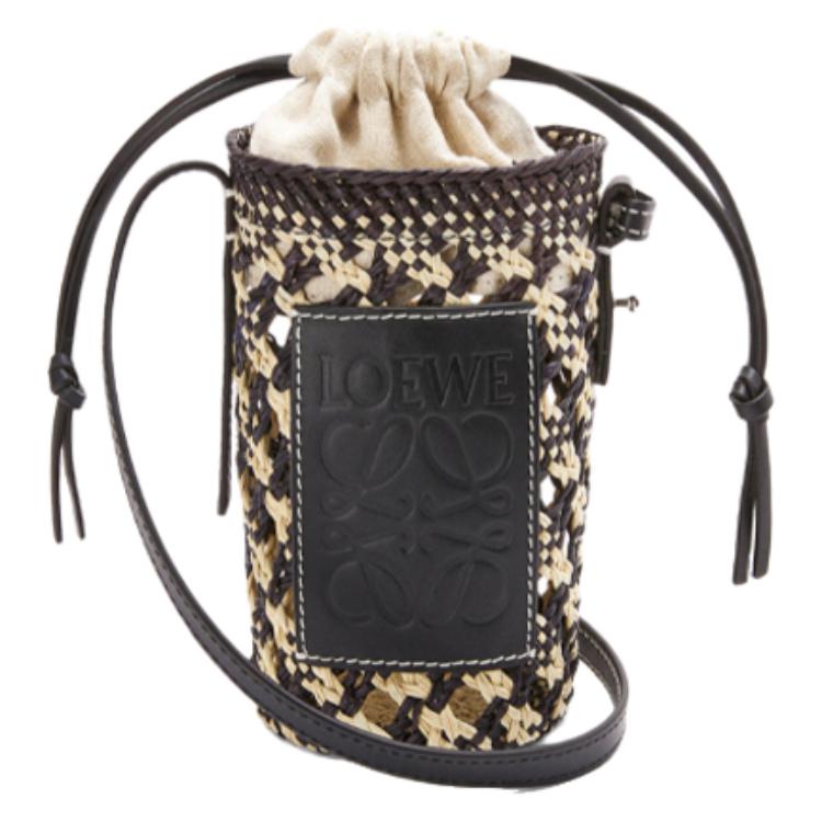LOEWE Cylinder Pocket Embossed Cow Leather Patch Woven Crossbody Bags Women's Black