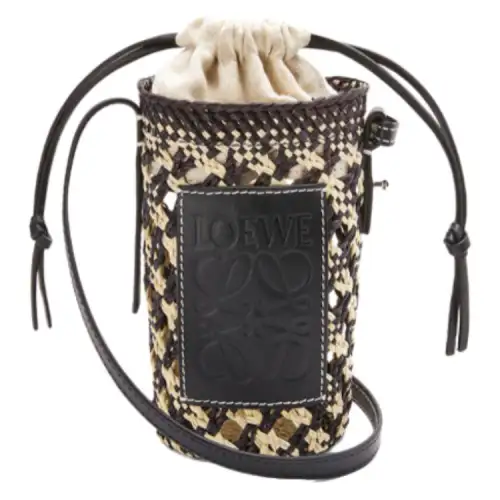 LOEWE Cylinder Pocket Embossed Cow Leather Patch Woven Crossbody Bags Women's Black