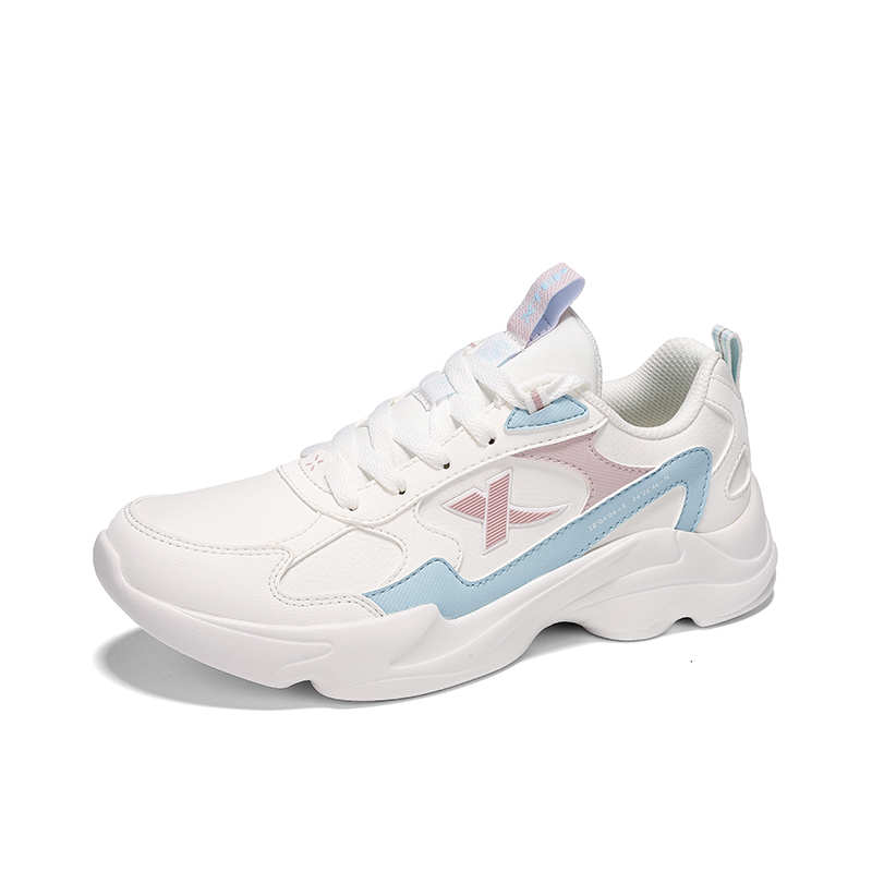 XTEP Synthetic Leather Cushioning, Wear Resistant Low top Casual Running Shoes Women’s Sail White Clear Blue Light Pink