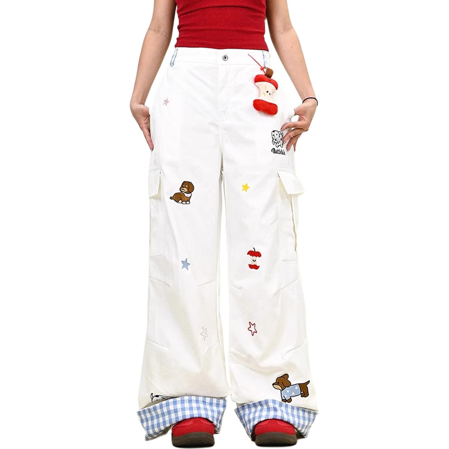 NEVER RULE Apple, cartoon pendant, design universal trousers, demi-season jeans, American style, with embroidery, oversize
