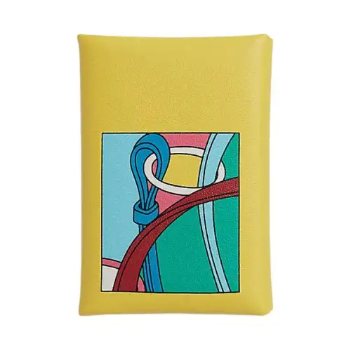 HERMES CalviCalvi Duo Patterned Print Swift Calfskin Card Holder Mini Women's 9RLime Lemon