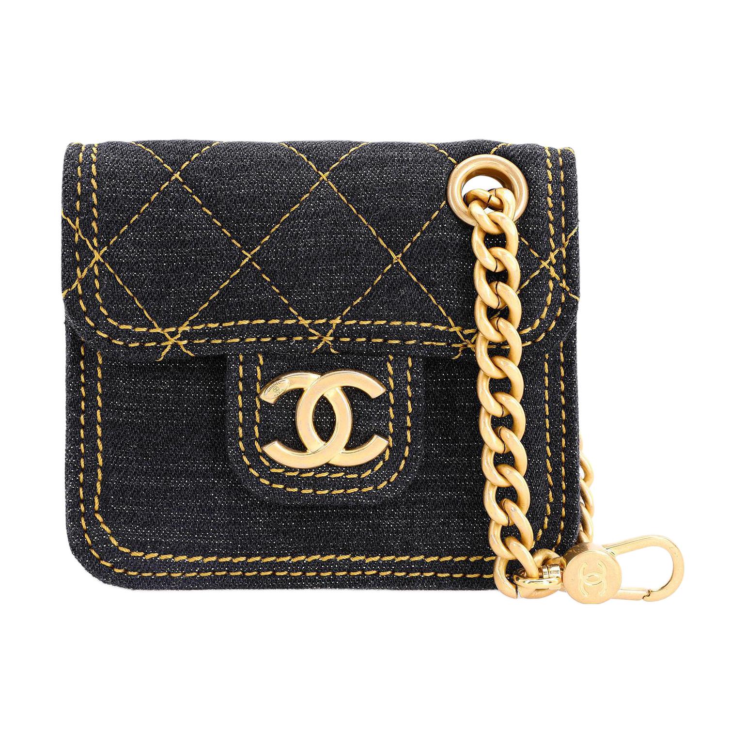 CHANEL Denim Earphone Case Charm Coin Purse Women's Black