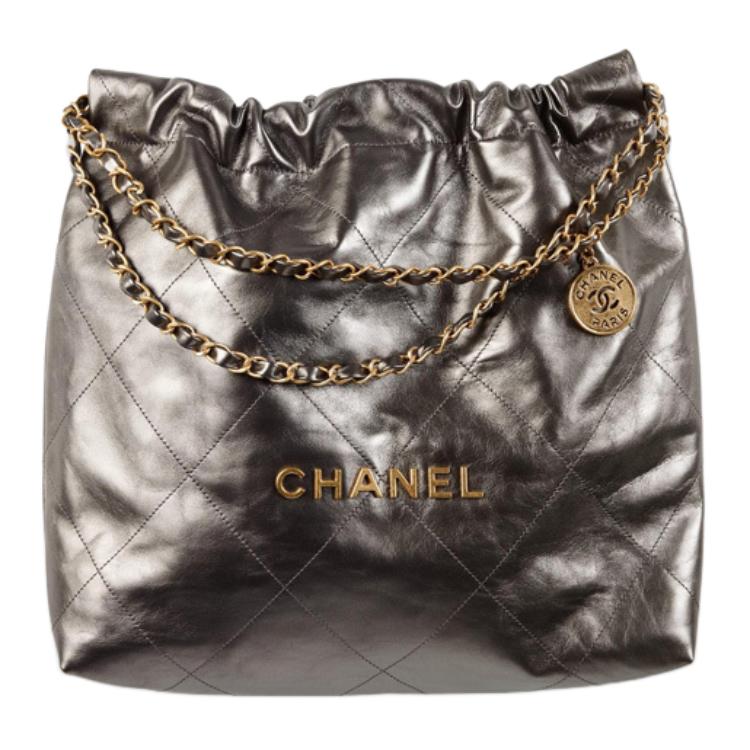 CHANEL 22Bag Cow Leather Handbag, Shoulder Bag Medium Women's Ruthenium Metallic