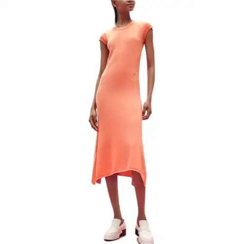 HERMES Short Sleeved Dresses Women's Orange Crew Neck Moderate Mid Length