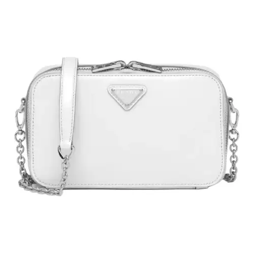 PRADA Chain Shiny Leather Shoulder Bag Women's White