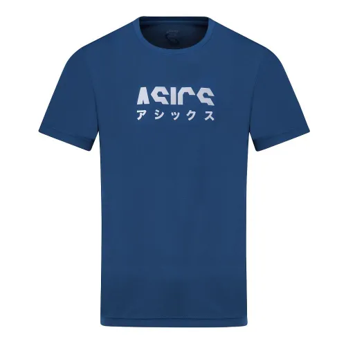 ASICS KATAKANA T Shirts Men's Blue Crew Neck Moderate