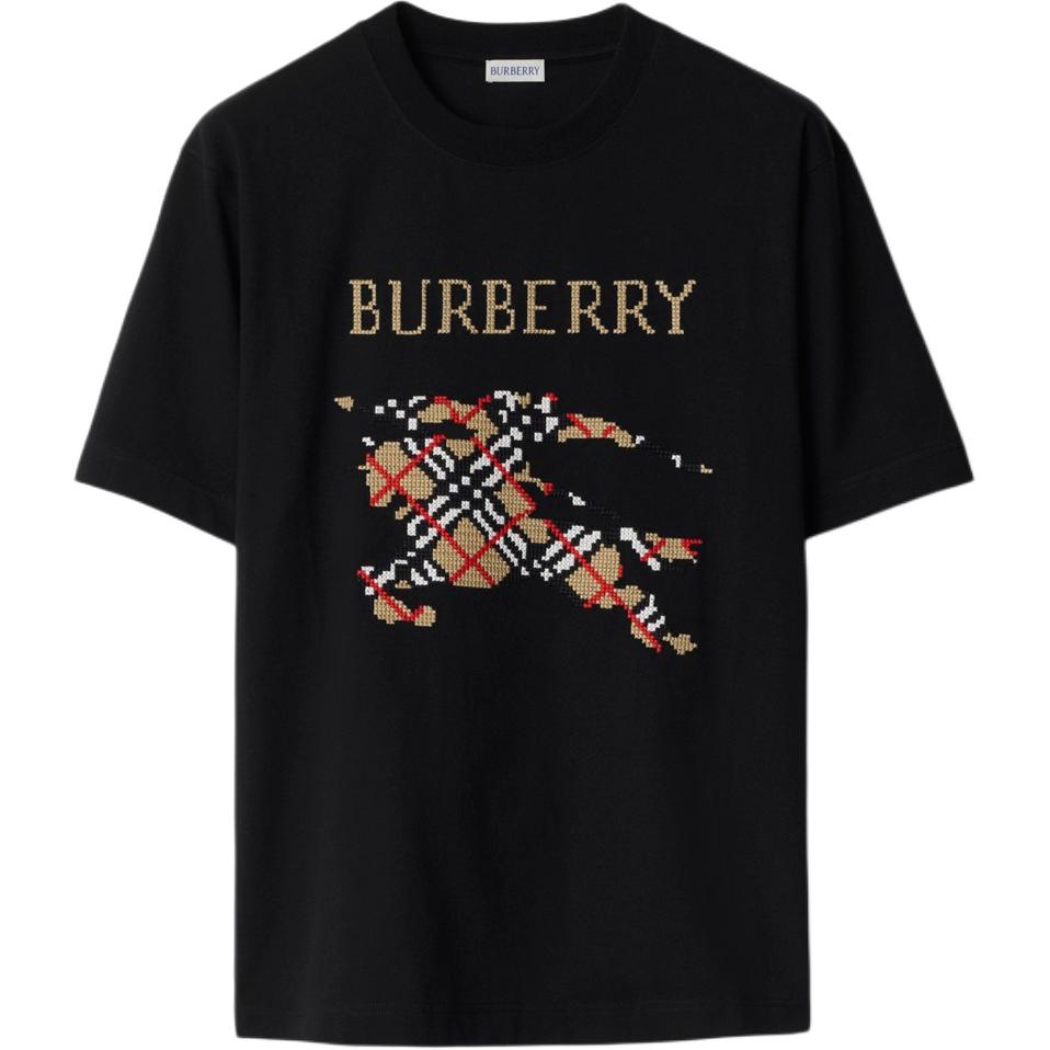Burberry Burberry SS25 Logo plaid EKD cross-stitch cotton short-sleeved T-shirt men's black