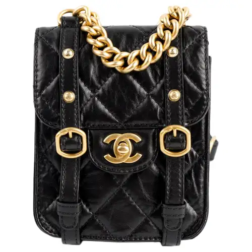 CHANEL Calfskin Messenger Bag, Cell Phone Pouch, One Shoulder Handbag, Crossbody Bag Mini Women's Black