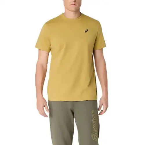ASICS ROAD T Shirts Men's Yellow Crew Neck Moderate