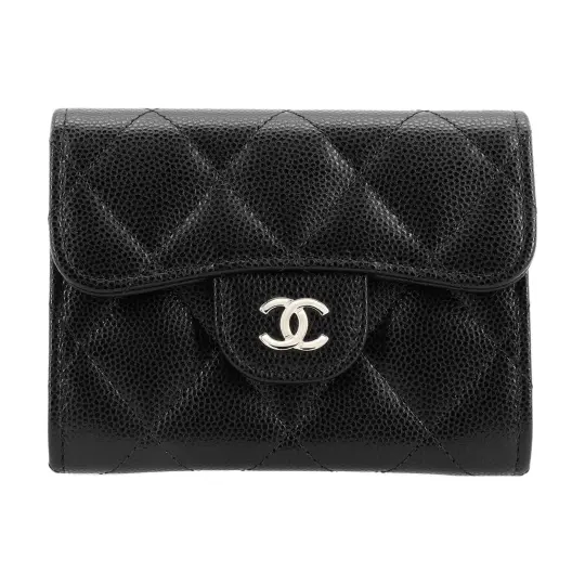 CHANEL Grain Calfskin Card Holder, Wallet Women's Black