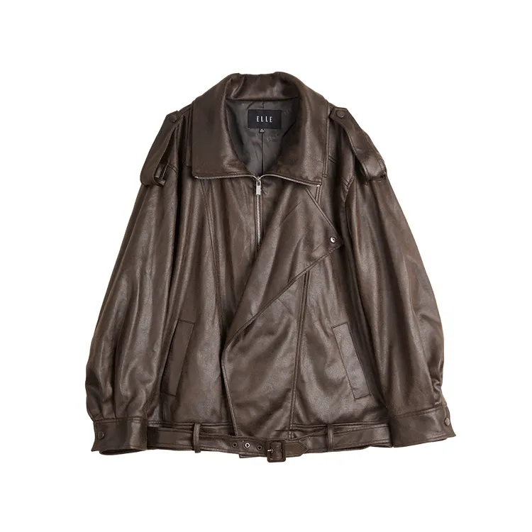 ELLE Leather Jackets Women's Coffee Lapel Moderate Workwear