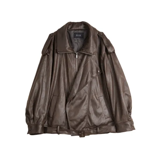 ELLE Leather Jackets Women's Coffee Lapel Moderate Workwear