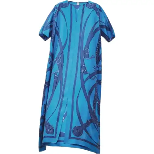HERMES Short Sleeved Dresses Women's Blue Crew Neck Moderate Short
