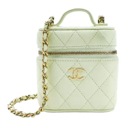 CHANEL Grain Embossed Calfskin Makeup Bag, Cigarette Case Bag, Handbag, Shoulder Bag, Crossbody Bag Women's Light Green