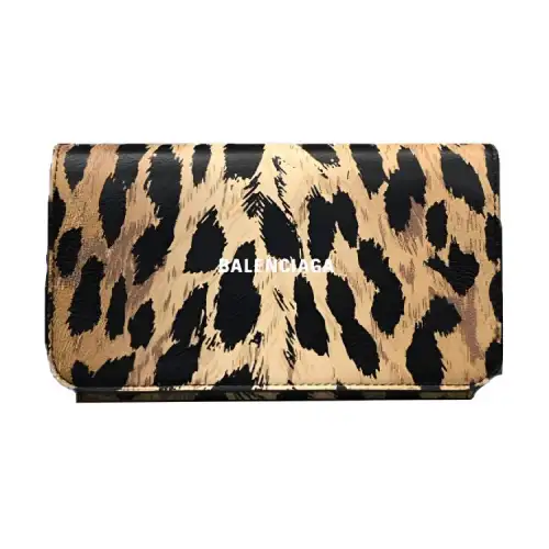Balenciaga Long Leather Chain Bag, Cell Phone Pouch, Shoulder Bag, Crossbody Bag, Wallet Women's Leopard Print
