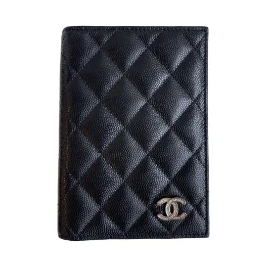 CHANEL Litchi Cow Leather Passport Holder Regular Women's Black