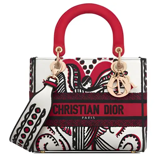 DIOR Lady Dior Fabric Shoulder Bag, Crossbody Bag, Handbag Medium Women's Red/White