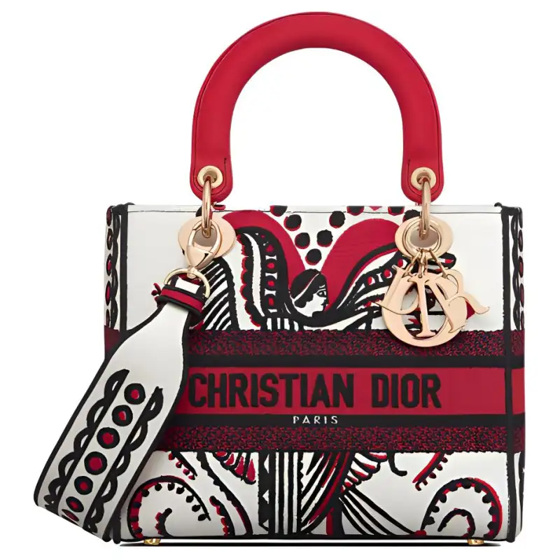 DIOR Lady Dior Fabric Shoulder Bag, Crossbody Bag, Handbag Medium Women's Red/White