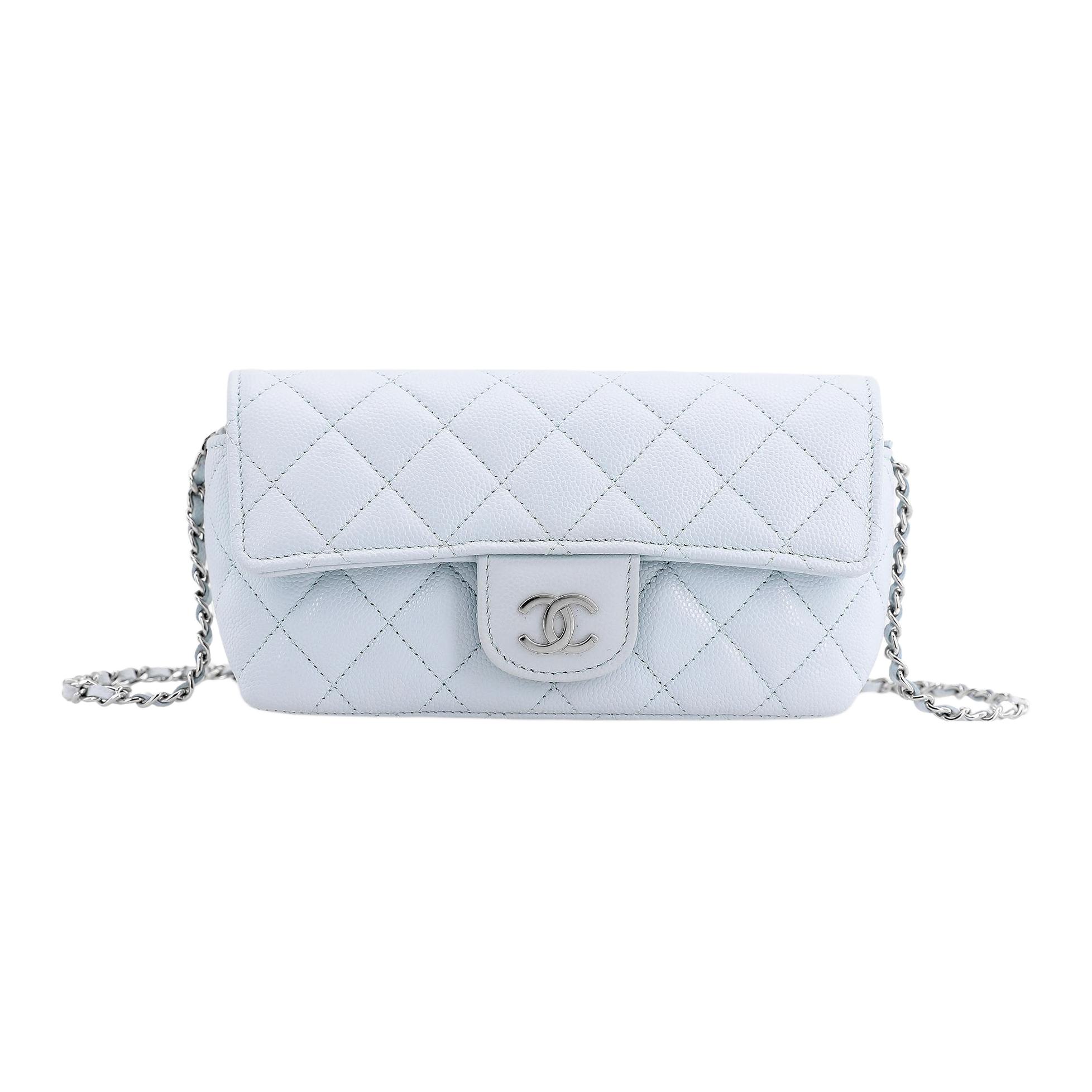 CHANEL Cow Leather Cell Phone Pouch Crossbody Eyeglass Pouch Women's Babyblue Sky Blue
