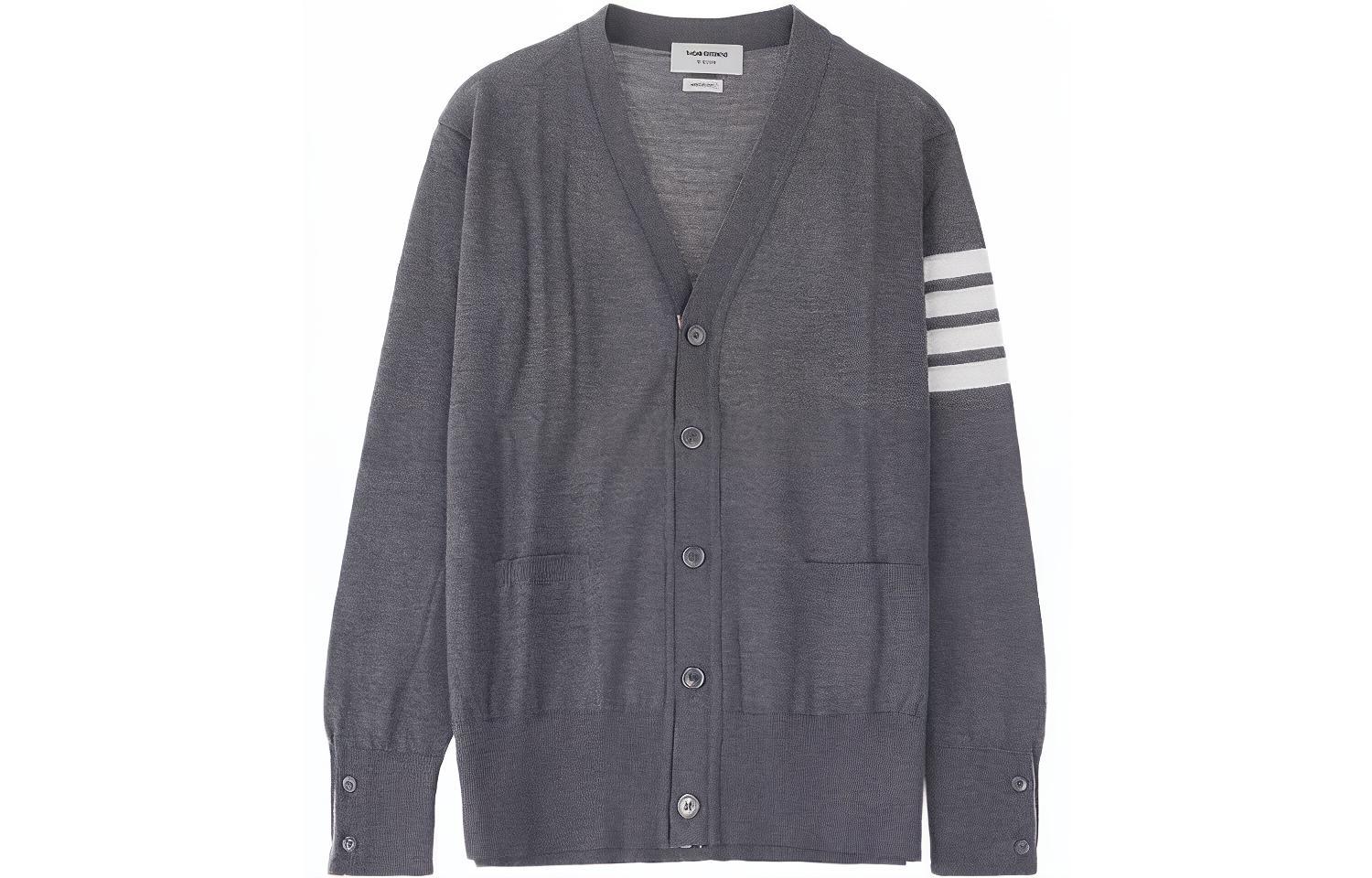 THOM BROWNE Tom Brown Old Money Gray Classic Four Stripes Merino Wool Knitted V-Neck Cardigan Spring and Autumn Sweater Men's Gray