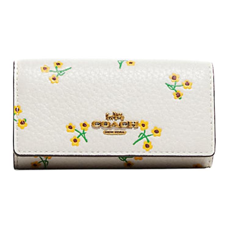 COACH Coach key case 11 floral print three-fold six-hole with hanging loop cross-grain leather key case women's white