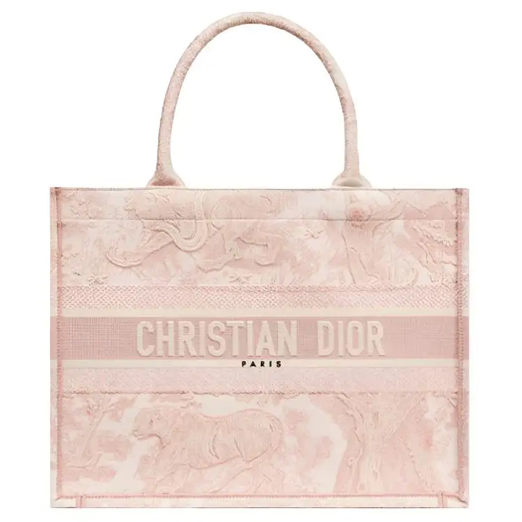 DIOR Medium DIOR Book Tote-Ecru And Pink Toile De Jouy Embroidery