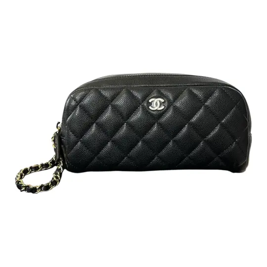 CHANEL Grain Cow Leather Material Gold Metal Toiletry Bag Women's Black