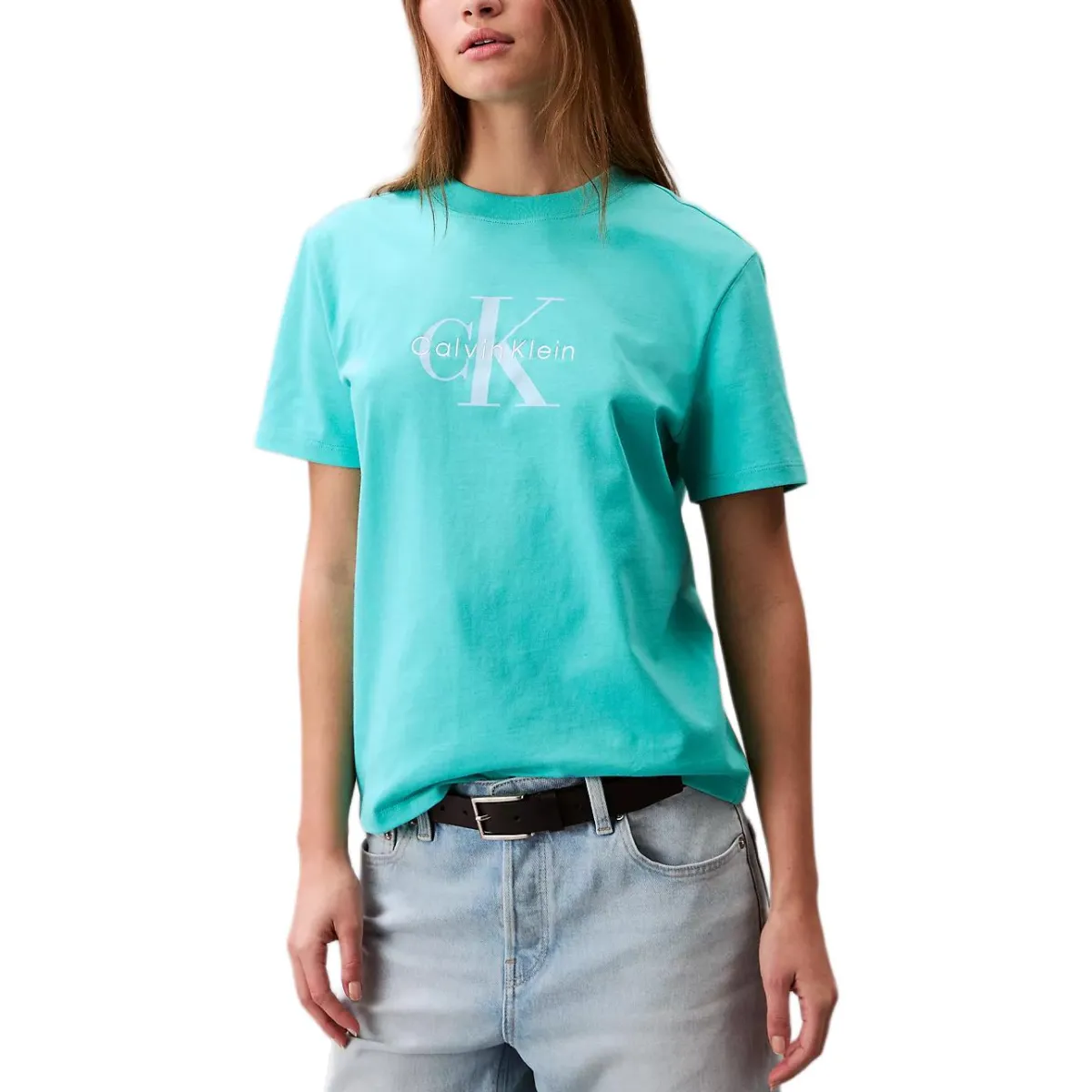 Calvin Klein T-Shirts Women's Cyan Crew Neck Moderate Straight Fit