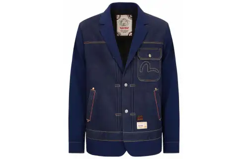 EVISU Denim Jackets Men's Blue Suit Collar Moderate Straight Fit