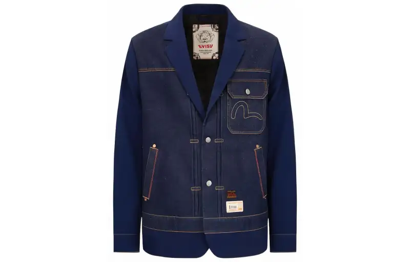 EVISU Denim Jackets Men's Blue Suit Collar Moderate Straight Fit