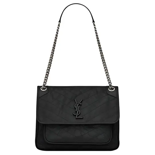 SAINT LAURENT YSL Niki, серебряная цепочка, черная этикетка с логотипом, винтажная плиссированная сумка-хобо из телячьей кожи, сумка через плечо, средняя женская черная сумка