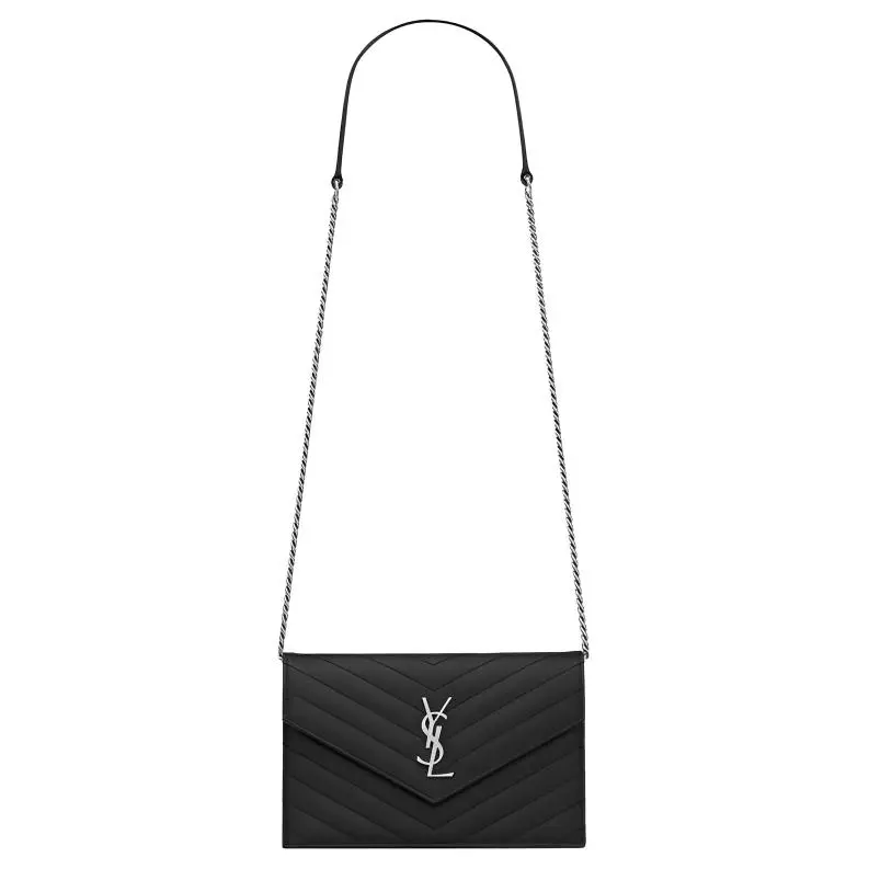 SAINT LAURENT Envelope Chain Wallet Grain De Poudre Silver tone Black