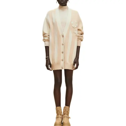 HERMES Knitwear Women's Natural White V Neck Moderate Cardigan