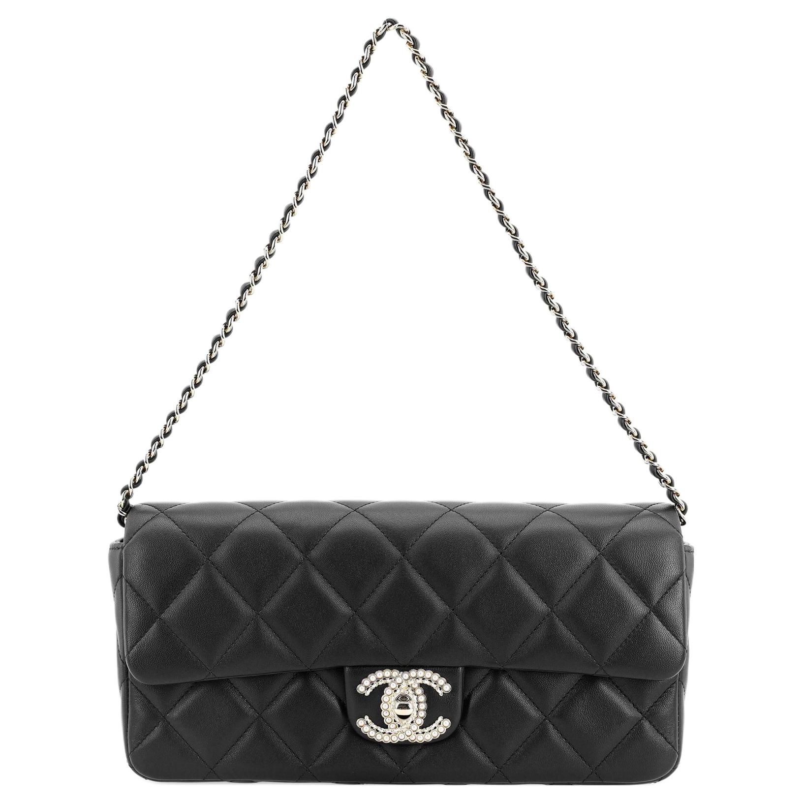 CHANEL Sheepskin Evening Bag Cell Phone Pouch One Shoulder Crossbody Clutch Women's Black