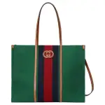 GUCCI Cotton Fabric With Leather Tote Bag, Shopping Bag, Handbag Large Men's Green & Red & Dark Blue