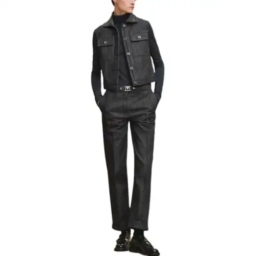 HERMES Vests Women's Charcoal Gray Lapel Moderate Denim