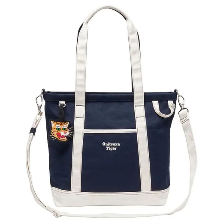 Onitsuka Tiger Cotton Tote Bag, Shopping Bag, Shoulder Bag, Handbag Unisex Navy Blue & White