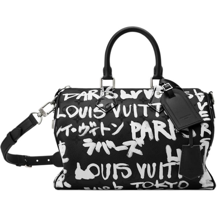 LOUIS VUITTON X Nigo joint model Speedy P9 BANDOULIÈRE 30 SCRIBBLE brand letters cow leather shoulder crossbody handbag men's black with white