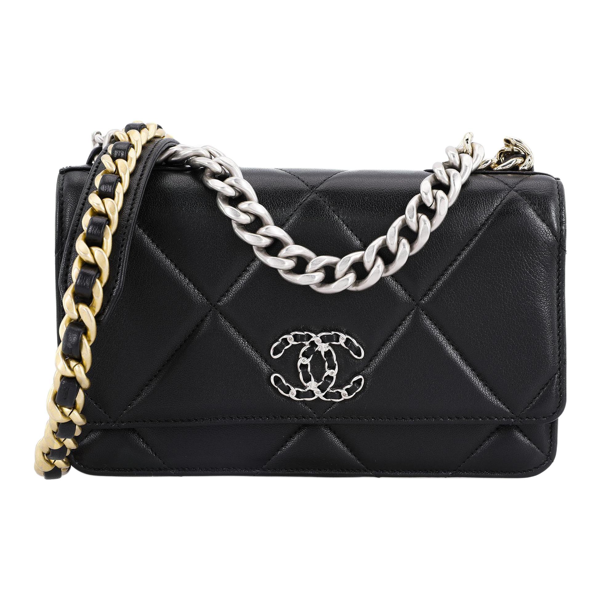CHANEL 19Bag Shiny Lambskin, Gold & Silver & Platinum Metal Crossbody Bag Mini Women's Black