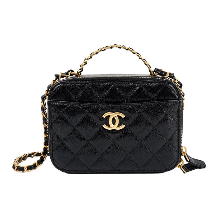 CHANEL Chanel, handle with diamond pattern, straps, leather box, small black cosmetic bag, one-shoulder bag, with your logo imprint