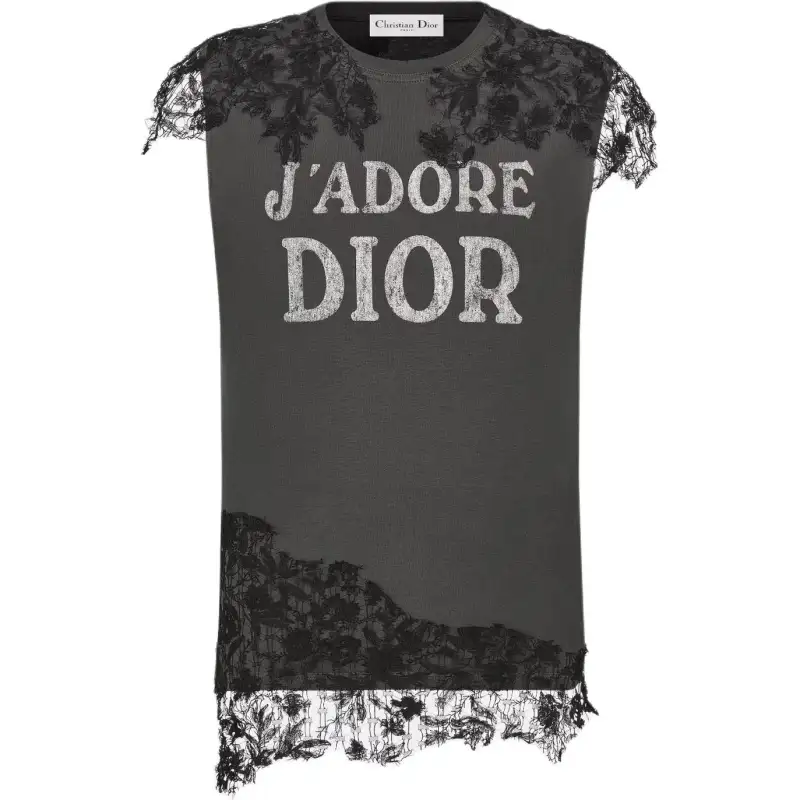 DIOR Tank Tops Women's Gray & Black Lace Crew Neck Moderate Other