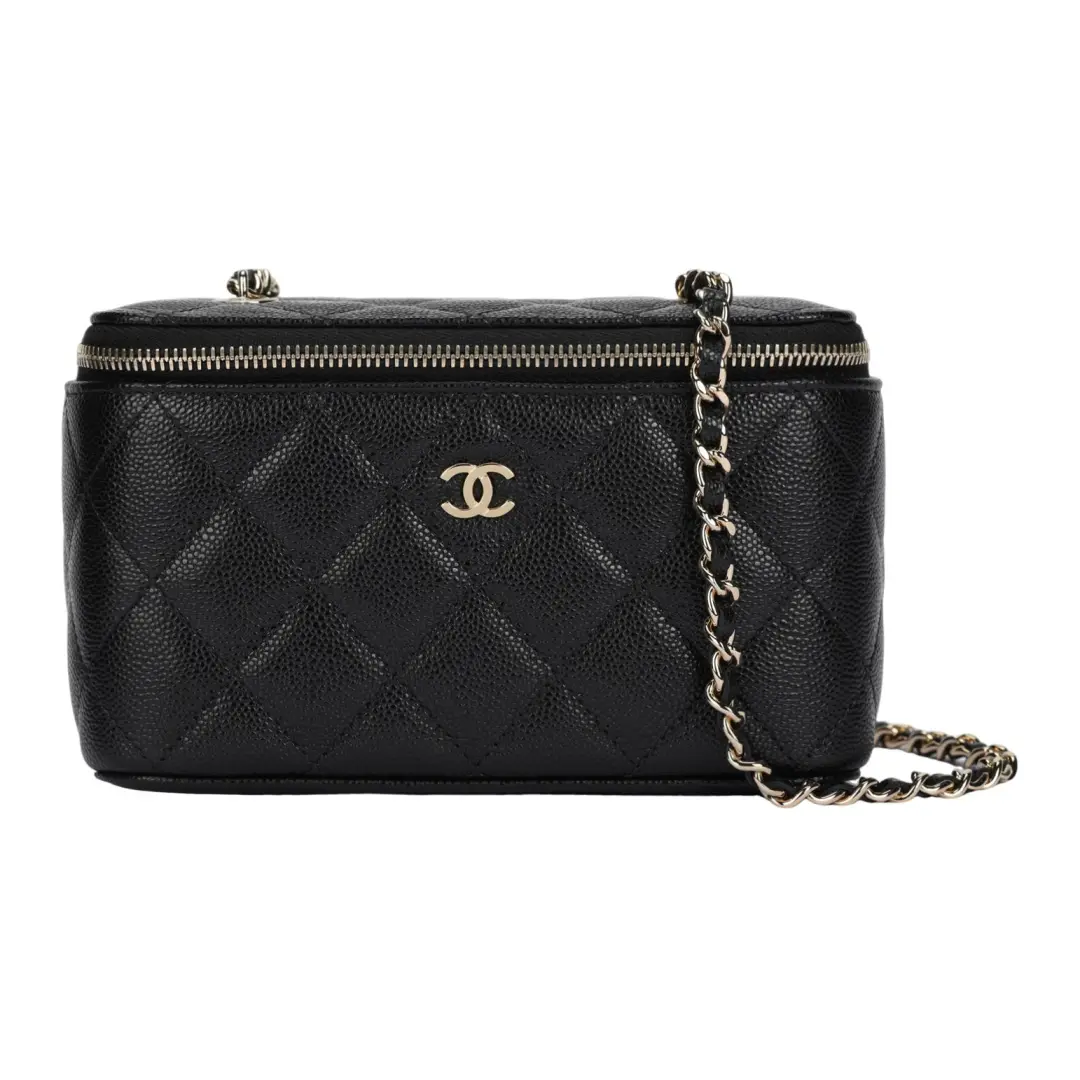 CHANEL Litchi Grain Cow Leather Box Bag, Makeup Bag, Shoulder Bag, Crossbody Bag Unisex Black