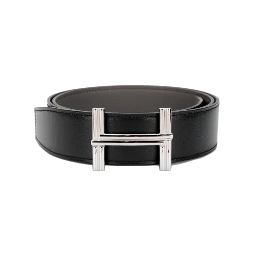 HERMES Strap Leather Stainless Steel Calfskin Leather Belts Men's Width 3.8cm