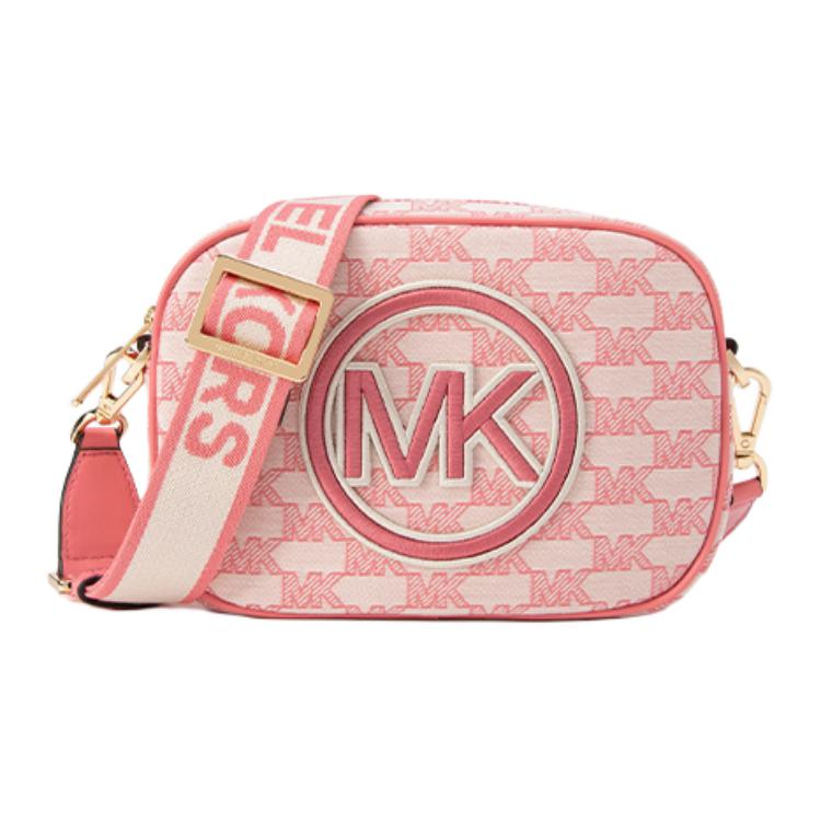 MICHAEL KORS Michael Kors MK Jet Set Travel Round Logo Hardware Buckle Letter Printed Wide Shoulder Strap Fabric Shoulder Crossbody Bag Medium Women's Light Rose Red